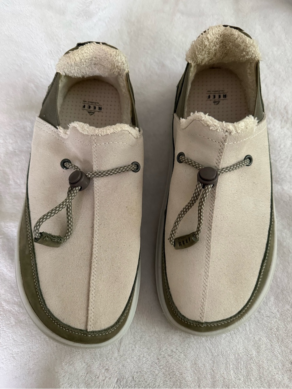 Reef Men’s Beige and Olive Slip-On Loafers